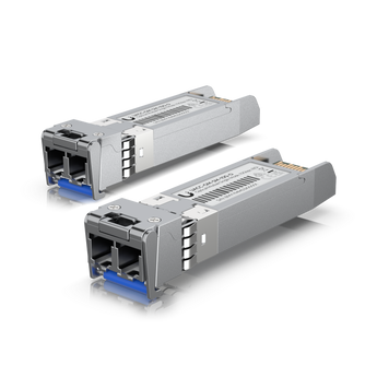 Pack com 2 módulos SFP+ 10G da Ubiquiti para criar links de fibra Single-Mode até 10 km. Ideal para backhauls de alta velocidade e ligações entre edifícios. - UACC-OM-SM-10G-D-2
