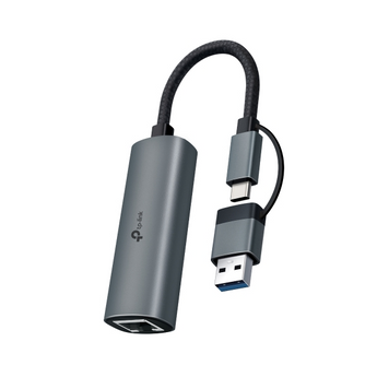 daptador de Rede TP-Link UE310C. Conector Híbrido 2-em-1 (USB-C + USB-A). Porta Gigabit Ethernet. Corpo em Liga de Alumínio. Plug & Play Universal. - UE310C