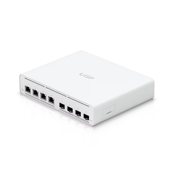 Switch PoE Ubiquiti UISP-S-Plus concebido para provedores ISP. Equipado com 4 portas 2.5 GbE RJ45 (PoE Passivo), 4 portas 10G SFP+ e gestão centralizada UISP.