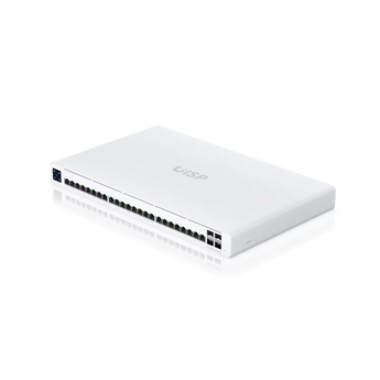 Switch Ubiquiti UISP-S-Pro para fornecedores WISP. 24 portas Gigabit (16 com PoE Passivo 27V de 220W totais), 4 portas SFP+ 10G, ecrã tátil e gestão UISP.
