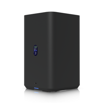 Network Attached Storage (NAS) compacto da Ubiquiti com 2 baías para discos 3.5". Oferece uma porta 2.5GbE, alimentação PoE++ e gestão UniFi Drive. - UNAS-2-B