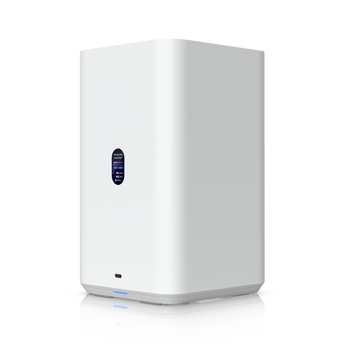 Network Attached Storage (NAS) compacto da Ubiquiti com 2 baías para discos 3.5". Oferece uma porta 2.5GbE, alimentação PoE++ e gestão UniFi Drive. - UNAS-2-W