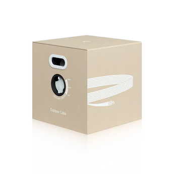 Cabo de rede Ubiquiti CAT5e para exterior, bobina de 305m, revestimento TPE impermeável e blindagem F/UTP. Resistente a intempéries e interferência eletromagnética.