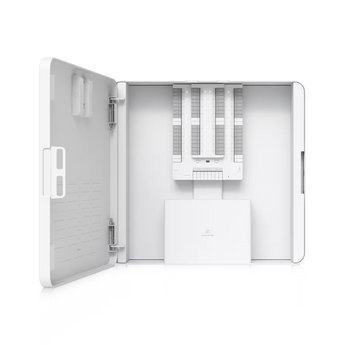 Hub de controlo de alarmes Ubiquiti UP-ALARMHUB-KIT. Suporta 32 sensores de intrusão cablados, alimentação PoE++ (com PoE Passthrough), relés e gestão UniFi Protect.