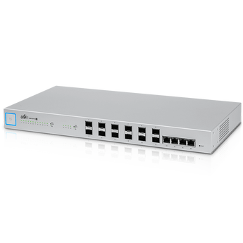 The switch comes equipped with twelve 10G SFP+ ports, four 10G RJ-45 Ethernet ports, and a single RJ-45 serial console port. - US-16-XG