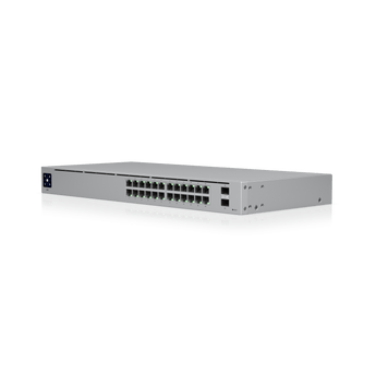 Switch Layer 2 Ubiquiti USW-24. 24 Portas Gigabit RJ45, 2 Portas SFP. Refrigeração Fanless (Silencioso). Ecrã tátil LCM 1.3". Montagem Rack 1U. Gestão UniFi Network. - USW-24