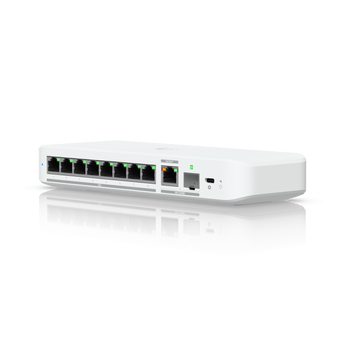 Switch flexível de 8 portas 2.5 GbE com uma porta uplink combinada de 10 GbE RJ45/SFP+ que pode ser alimentado com um adaptador USB-C ou PoE+ - USW-FLEX-2.5G-8