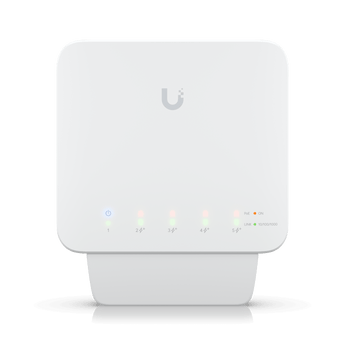 O Ubiquiti USW-FLEX é um switch Gigabit PoE de 5 portas, compacto e resistente, concebido para ambientes interiores e exteriores. Oferece alimentação via 802.3bt PoE++ (PoE In) e disponibiliza até 46W de potência PoE total para alimentar dispositivos