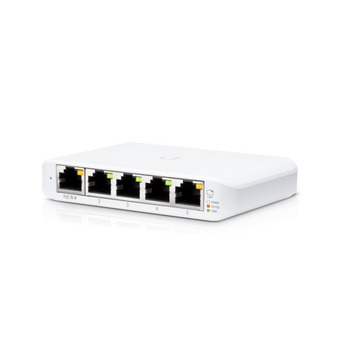O USW-Flex-Mini é um switch Gigabit de 5 portas, ultra compacto, gerido através do UniFi Controller da Ubiquiti Networks, na versão de secretária, com a primeira porta a suportar alimentação PoE (PoE In) - USW-FLEX-MINI