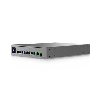 Switch Ubiquiti com 8 portas 100 Mbps PoE+++, orçamento PoE de 630 W, RJ45 e SFP Gigabit. Long-Range Endpoints até 800 m e ecrã tátil de 1,3″.
