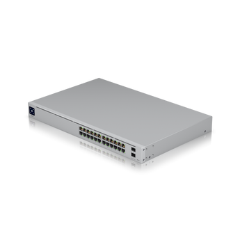 Switch Layer 3 silencioso (fanless) da Ubiquiti com 24 portas Gigabit e 2 uplinks 10G SFP+. O USW-Pro-24 oferece funcionalidades de nível empresarial e redundância de energia. - USW-PRO-24
