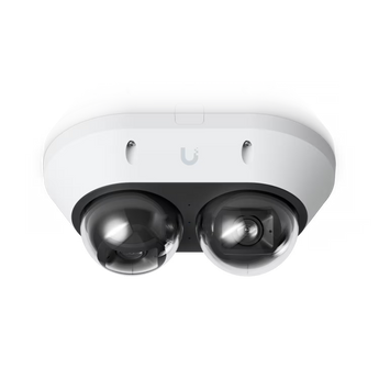 Câmara Ubiquiti UniFi UVC-AI-MS-2-W PoE+. Possui 16MP, duas lentes ajustáveis independentes, zoom ótico 2.33x, reconhecimento facial/matrículas e IP66/IK10.