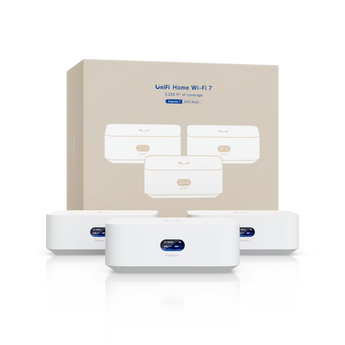 Pack de 3 Ubiquiti UniFi Express 7 UX7-3 com WiFi 7 tri-band, WAN 10 GbE e LAN 2,5 GbE por unidade. Gateway e expansão mesh com gestão UniFi.