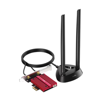 Atualize o PC com o Cudy WE4000: Wi-Fi 6E tri-band, Intel AX210, Bluetooth 5.3, dissipador e antenas com base magnética. Windows 10/11 de 64 bits.