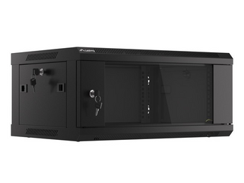 Bastidor de Parede Lanberg 4U 19" (WF01-6404-10B). Profundidade 450mm. Porta Vidro Temperado. Carga até 60kg. Preto (RAL9004). Montagem Fácil (Flat Pack). IP20. - WF01-6404-10B