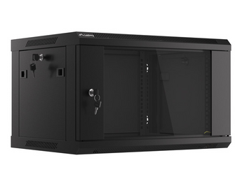 Bastidor de Parede Lanberg 6U 19" (WF01-6406-10B). Profundidade 450mm. Porta Vidro Temperado. Carga até 60kg. Preto (RAL9004). Montagem Fácil (Flat Pack). IP20. - WF01-6406-10B