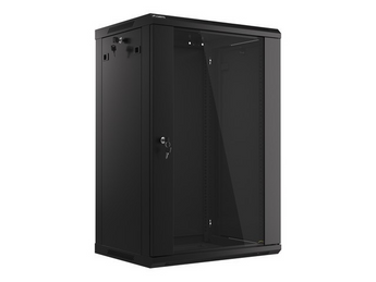 Lanberg WF01-6418-10B. Armário rack mural de 18U, 600x450mm. Porta em vidro temperado. Carga até 60kg. Sistema Flat Pack (Auto-montagem). Cor Preto RAL9004. - WF01-6418-10B