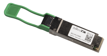 Módulo transceiver QSFP28 da MikroTik para redes de 100 Gbps. O XQ+31LC02D utiliza fibra Single-Mode e conector LC para ligações até 2 quilómetros. - XQ+31LC02D