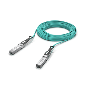Cabo ótico ativo (AOC) de 20m da Ubiquiti com módulos SFP+ integrados. Suporta 1G e 10G, ideal para ligações de longa distância entre racks. - UACC-AOC-SFP10-20M