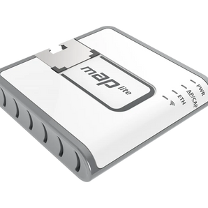 O mais pequeno ponto de acesso da MikroTik. O mAP lite (RBmAPL-2nD) é ideal como router de viagem, com alimentação via MicroUSB ou PoE e a potência do RouterOS. - RBMAPL-2ND