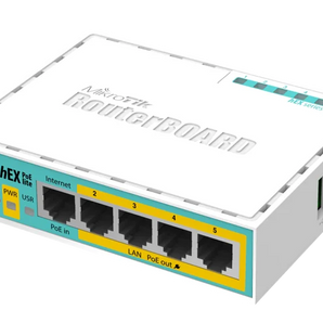 Router de 5 portas Fast Ethernet da MikroTik com saída PoE em 4 portas. O hEX PoE lite (RB750UPr2) é ideal para alimentar câmaras IP ou pontos de acesso. - RB750UPR2