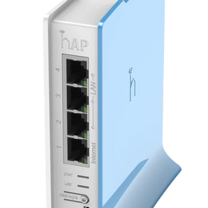 Pequeno ponto de acesso doméstico com quatro portas Ethernet e uma caixa colorida. - RB941-2ND-TC