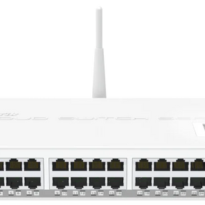A solução "tudo-em-um" da MikroTik para SOHO. O CRS125 é um router, switch L3 de 24 portas Gigabit, com SFP, e um ponto de acesso Wi-Fi de alta potência. - CRS125-24G-1S-2HND-IN