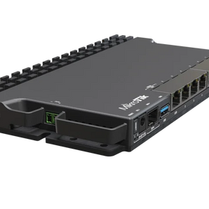 O router "heavy-duty" para laboratórios domésticos da MikroTik. O RB5009 oferece 9 portas com fios, CPU quad-core, 1GB RAM e múltiplas opções de alimentação. - RB5009UG+S+IN
