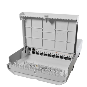 Switch de exterior da MikroTik para redes de fibra ótica. O netFiber 9 oferece 5 portas SFP, 4 portas 10G SFP+ e uma porta Gigabit PoE-in numa caixa robusta. - CRS310-1G-5S-4S+OUT