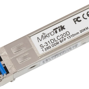 Crie links de fibra fiáveis de até 20km com o módulo MikroTik S-31DLC20D. Transceiver SFP 1.25G para fibra monomodo (SM) com conector LC Duplo. - S-31DLC20D
