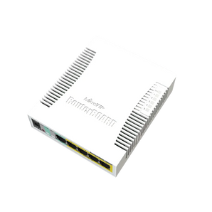Switch inteligente com 5 portas Gigabit Ethernet com PoE out, compartimento SFP, caixa em plástico, SwOS. - RB260GSP