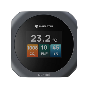O MikroTik CLAIRÉ monitoriza CO2, PM2.5, PM10, VOC, temperatura e humidade. Possui um ecrã a cores de 2" e integra-se nativamente com Matter over Thread e Home Assistant.