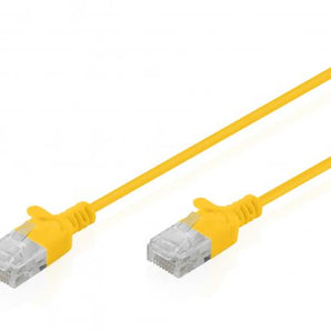 Cabo patch cord Digitus Slim CAT 6 Amarelo (0.3 metros). Diâmetro ultra-fino de 2.7mm ideal para espaços apertados. Suporta Gigabit e PoE/PoE+ com revestimento LSZH.