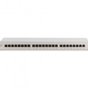 Patch Panel Digitus DN-91624S CAT 6 de 24 portas RJ45 blindadas. Formato 19" 1U, instalação fácil via blocos LSA com código de cores e cobertura de blindagem 360°.