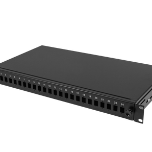 Painel de fibra ótica Lanberg FOP1-24SS-LDB (1U, 19"). Capacidade para 24 portas SC Simplex ou LC Duplex. Gaveta deslizante, 2 tabuleiros de emenda e estrutura em aço.