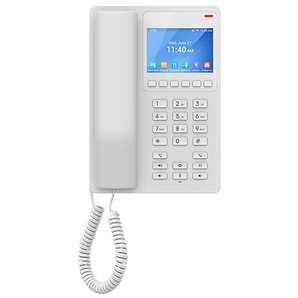 Telefone IP compacto Grandstream GHP630W para hotéis. Ecrã LCD a cores de 3.5", Wi-Fi 6 Dual-Band, 2 contas SIP, áudio HD e porta USB-C para carregamento.