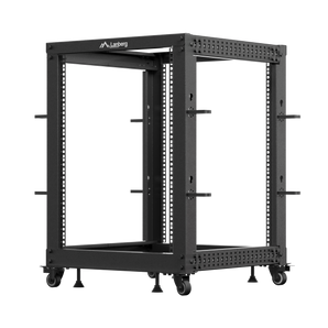 Open Rack Lanberg 19" 15U (OR01-6115-B). Estante aberta em cinzento com profundidade ajustável (até 1033mm) e capacidade para 600kg. Inclui rodas e pernas.