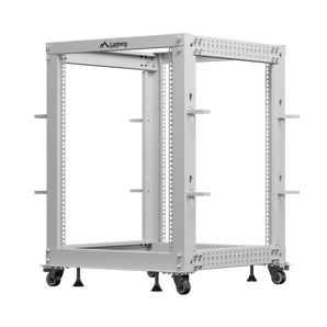 Open Rack Lanberg 19" 15U (OR01-6115-S). Estante aberta em cinzento com profundidade ajustável (até 1033mm) e capacidade para 600kg. Inclui rodas e pernas.
