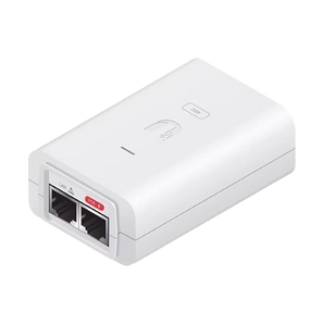 Injetor Power over Ethernet (PoE) de 48V, 0.5A (24W) da Ubiquiti. Com porta 10/100 Mbps e design elegante em branco, ideal para alimentar dispositivos Wi-Fi. - POE-48-24W-WH