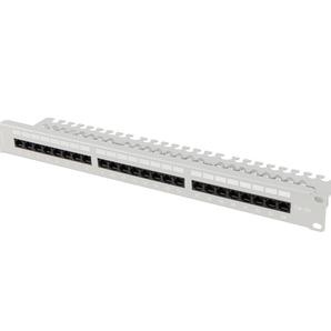 Patch Panel Lanberg Cat. 6A U/UTP de 24 portas (19", 1U). Frequência 500MHz (10Gbps), inclui prateleira de gestão de cabos e terminação LSA. Cor Cinzenta.