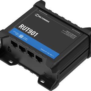 O router industrial Teltonika RUT901 oferece conectividade 4G LTE Cat 4 (150 Mbps), Wi-Fi 4, failover automático de WAN e Dual SIM, e 4 portas Ethernet 10/100.