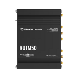 O router industrial Teltonika RUTM50 oferece 5G ultrarrápido (até 3.4 Gbps), Wi-Fi 5, 5 portas Gigabit, Dual SIM, GNSS e suporte avançado para protocolos IoT.