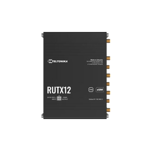 O router industrial Teltonika RUTX12 oferece dois modems 4G LTE Cat 6 em simultâneo, 5 portas Gigabit, Wi-Fi 5, Dual SIM + eSIM, GNSS e Bluetooth.