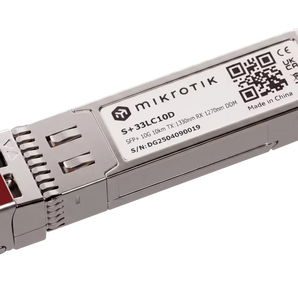 Par de módulos SFP+ de nível industrial MikroTik S+2733LC10D para ligações de 10G. Suporta fibra de modo único até 10 km com diagnósticos DDM integrados.