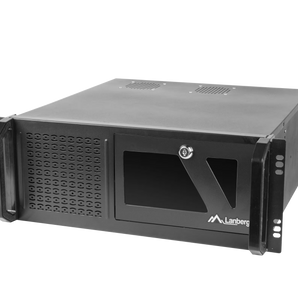Chassi de servidor Rackmount Lanberg 4U (SC01-4504-08B) com 450mm de profundidade. Suporta motherboards ATX, 7 discos 3.5", fontes até 230mm e porta frontal com chave.