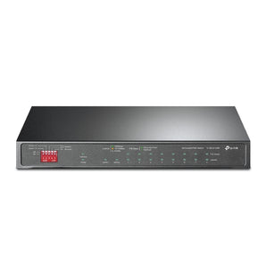 Switch TP-Link TL-SG1210MP com 10 portas Gigabit (8 PoE+ com budget de 123W) e 1 porta Combo SFP. Alcance até 250m, modos Priority/Isolation e Fanless.
