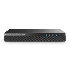 O NVR TP-Link VIGI NVR2016H-16MP de 16 canais oferece resolução 4K, IA integrada (classificação de humanos/veículos), 16 portas PoE+ (140W) e 2 baías SATA até 16TB.