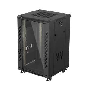 Bastidor de chão Lanberg FF01-6618-12B, 19" 18U, 600x600mm, porta em vidro temperado e carga até 800 kg. Solução compacta e robusta para salas técnicas.