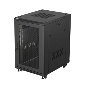 Bastidor de chão Lanberg FF01-6818-12B, 19" 18U, 600x800mm, porta em vidro temperado e carga até 800 kg. Maior profundidade para equipamento de rede mais comprido.