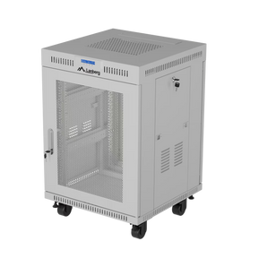 O bastidor de chão Lanberg FF01-6815-23SL de 15U oferece portas perfuradas, ecrã LCD com termóstato, painel de ventilação e suporta até 1200 kg.